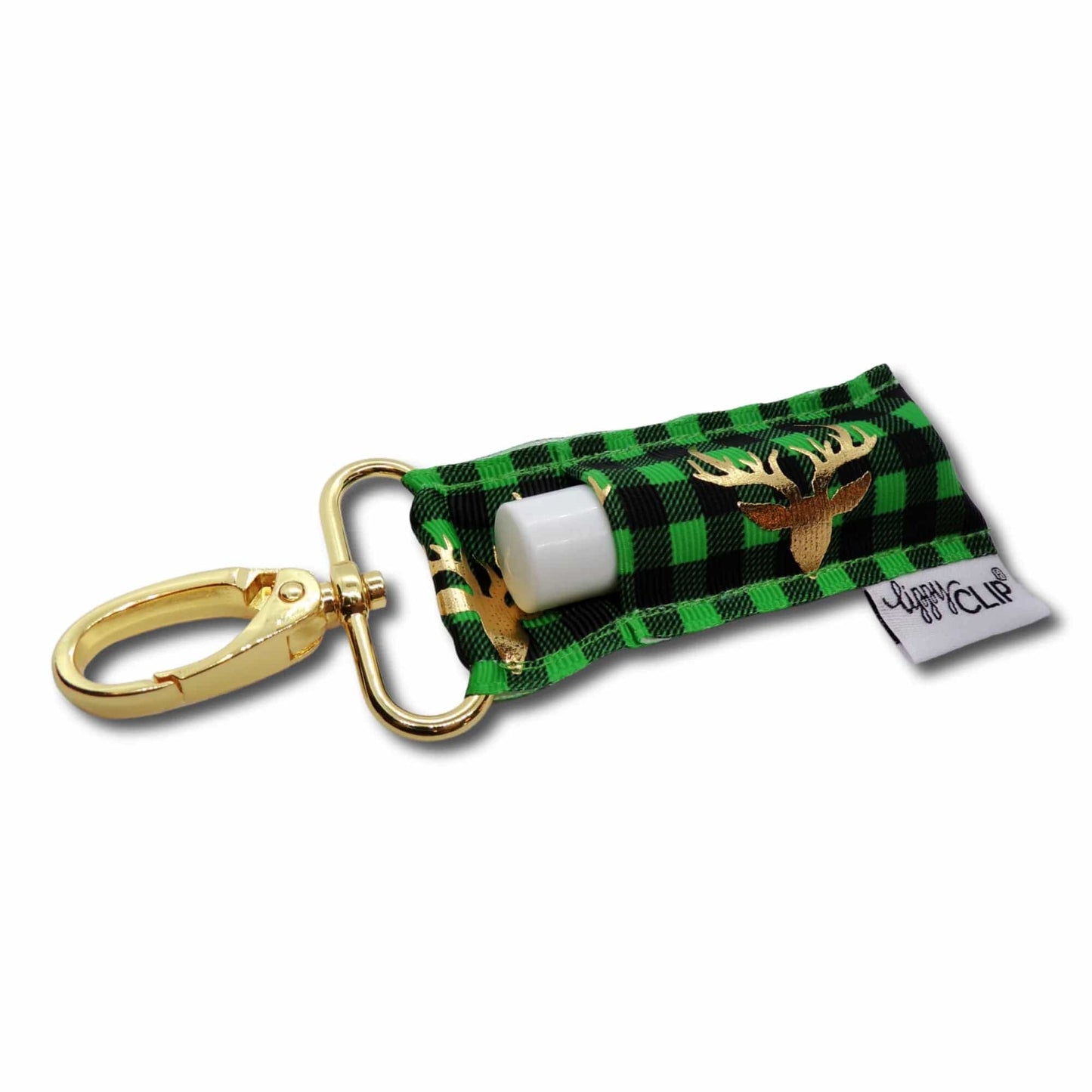 Lip Balm Green Buffalo Plaid w/Gold Reindeer LippyClip® Lip Balm Holder for Chapstick