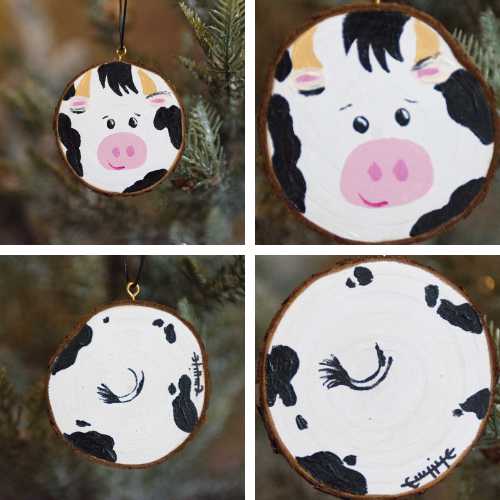 Ornament Ornament - Mooey Christmas - 2 Sided Wooden Slice Hand Painted Artwork by Elizabeth