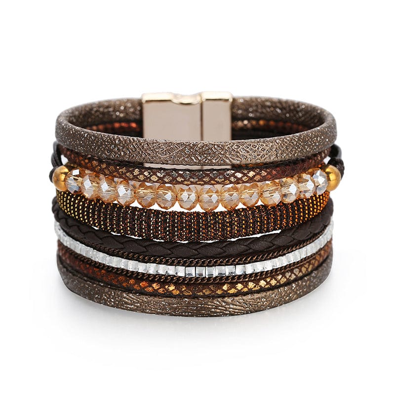 Bracelet Coffee Bracelet - Magnetic Multilayer Leather & Bead Bracelet - Black, Silver, or Coffee NI- NH4548287-Coffee