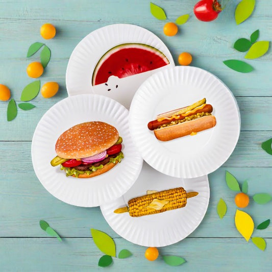 Decorative Plates Picnic  (Burger Hotdog Corn Watermelon) Plates - Melamine 9-inch "Paper" Plate Set - 4 Pc. Set - Washable 180-ME0078
