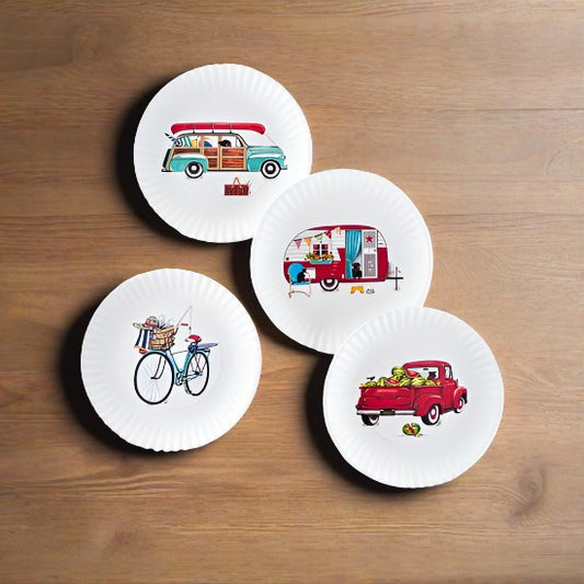 Decorative Plates Summertime (Bicycle Camper Truck Woody Wagon) Plates - Melamine 9-inch "Paper" Plate Set - 4 Pc. Set - Washable 180-ME0319