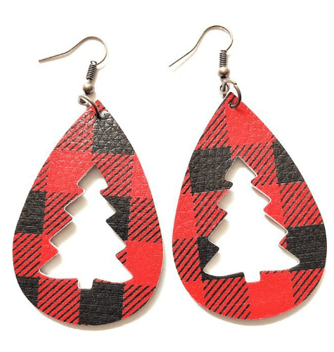 Earrings Earrings - Teardrop Plaid Leather Christmas Tree Earrings NI-NHQIY421672