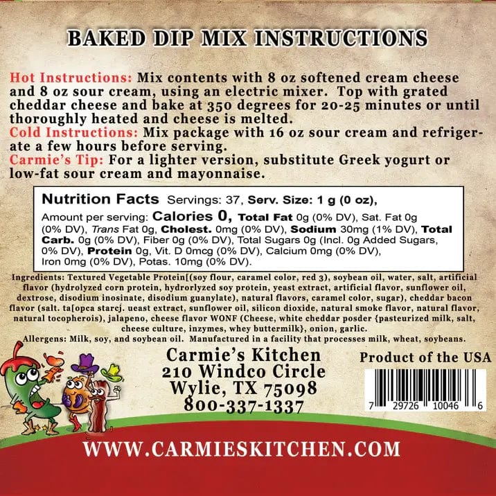 Dips & Spreads Bacon Jalapeno Popper Baked Dip Mix - Carmie's Kitchen CK-194