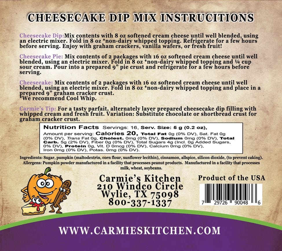 Dips & Spreads Pumpkin Spice Cheesecake Dip Mix - Carmie's Kitchen CK-172