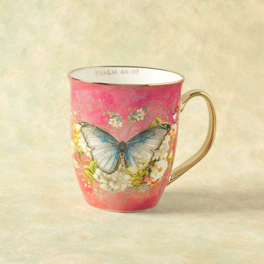 Drinkware Coffee Mug - Be Still Psalm 46:10 - Pink Butterfly Ceramic Coffee/Tea Cup CA-MUG1018