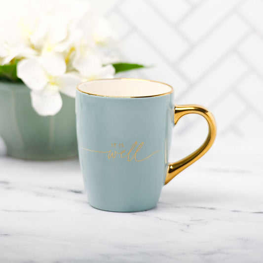 Drinkware Coffee Mug - It Is Well - Soft Blue and Gold Ceramic Coffee Tea Cup WAM-MUG987