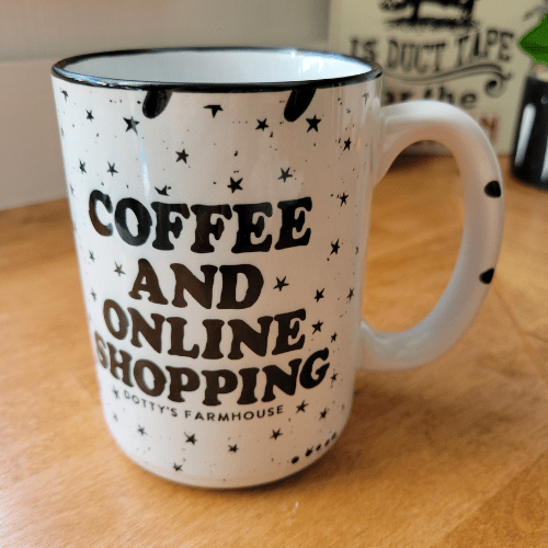 Drinkware Dotty's Mug - Coffee & Online Shopping - Distressed Look Black and White