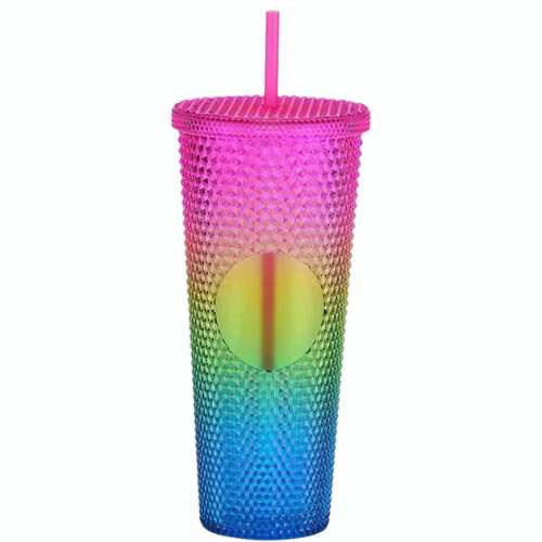 Drinkware Tumbler - 24oz. Studded Double-layer Acrylic Break Resistant Large Capacity Jewel Cup with Straw