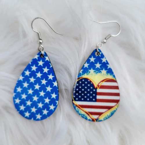 Earrings Blue and White Stars with Flag Heart Earrings - Patriotic Collection - Wooden Teardrop WB-Flag-Heart