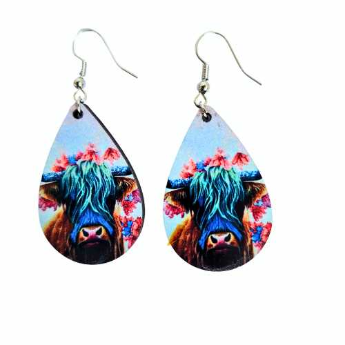 Earrings Blue Highland Cow Earrings - Highland Cow Collection 2 - Lightweight Wooden Teardrop WB-1-620-02
