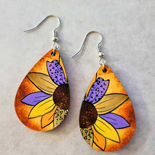 Earrings Earrings - Colorful Sunflower - Lightweight Wooden Teardrop WB-1-510-02