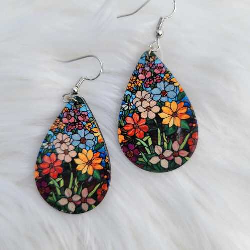 Earrings Earrings - Lightweight Wooden Teardrop Multi-Color Flower WB-Flowers
