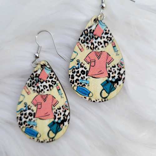 Earrings Earrings - Pink Nurse Scrubs and Leopard Print - Wooden Teardrop WB-Scrubs-Leopard