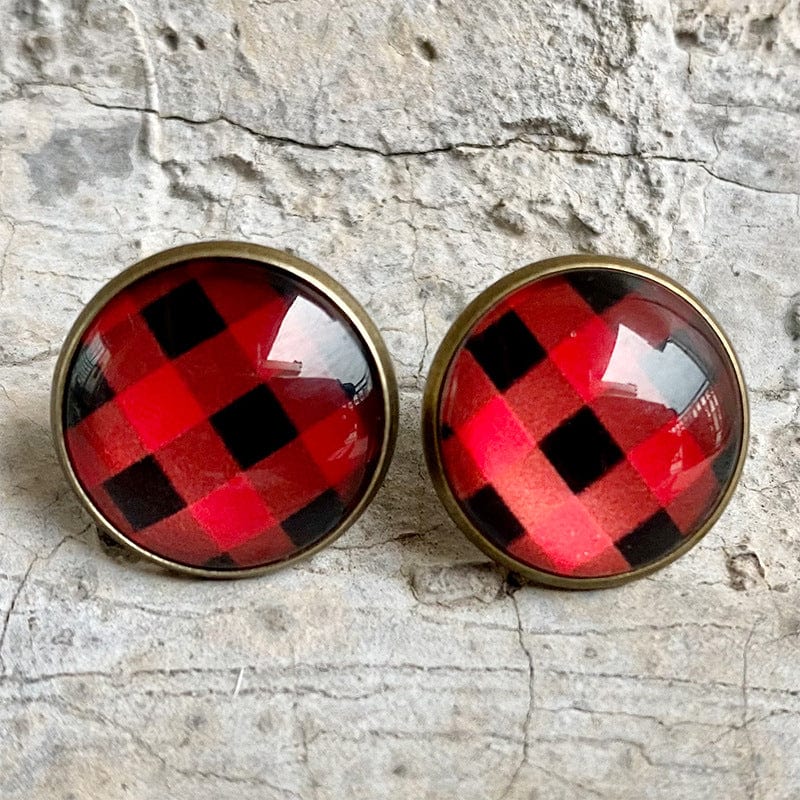Earrings Earrings - Red Plaid Earrings -  Inlay Glass Stone Women's Ear Studs NH10149824-Plaid