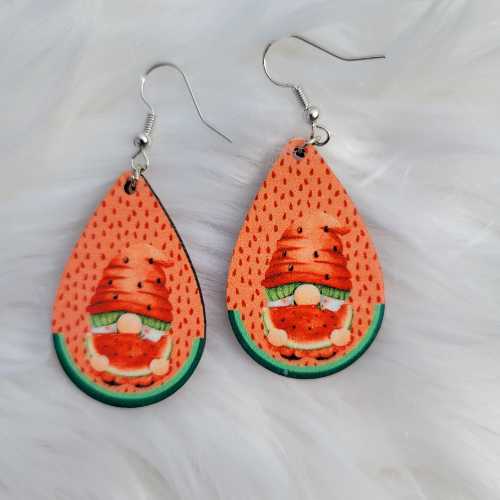 Earrings Earrings - Watermelon - Gnomes - Wooden Teardrop WB-Watermelon-Gnomes