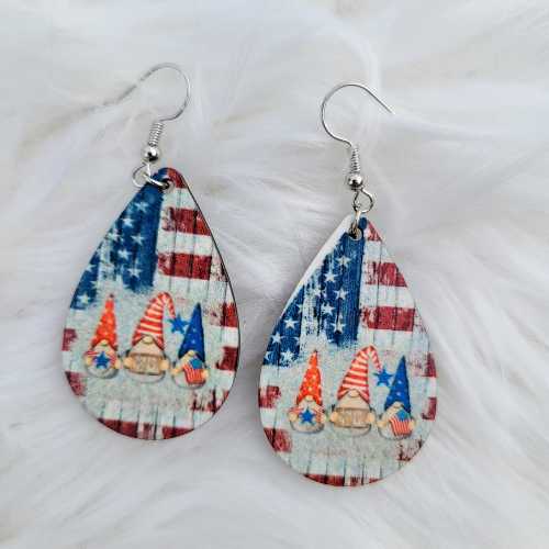 Earrings Flag with Gnomes Earrings - Patriotic Collection - Wooden Teardrop WB-Flag-Heart-3