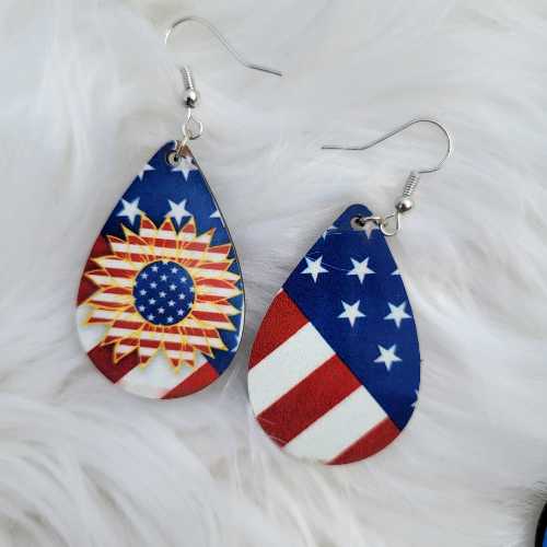 Earrings Flag with Sunflower Earrings - Patriotic Collection - Wooden Teardrop WB-Flag-Heart-2