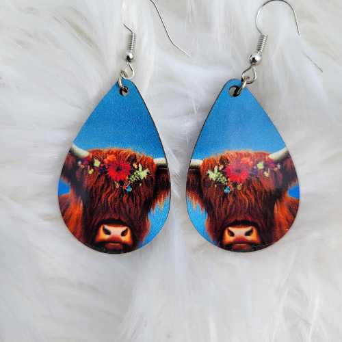 Earrings Highland Cow with Blue Background Earrings - Highland Cow Collection - Wooden Teardrop WB-highland-blue