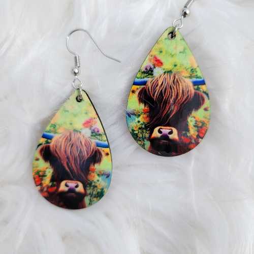 Earrings Highland Cow with Green Background Earrings - Highland Cow Collection - Wooden Teardrop WB-highland-blue-2