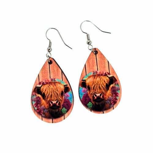 Earrings Pink Highland Cow Earrings - Highland Cow Collection 2 - Lightweight Wooden Teardrop WB-1-620-03