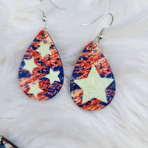 Earrings Red and Blue With White Stars Earrings - Patriotic Collection - Wooden Teardrop WB-Flag-Heart-4