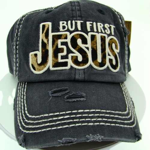 Hats Distressed Black 'But First Jesus' Cap