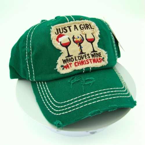Hats Distressed Green 'Just a Girl Who Loves Wine at Christmas ' Cap
