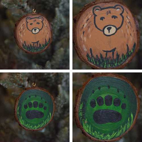 Ornament Ornament - Alaskan Bear & Bear Paw - 2 Sided Wooden Slice Hand Painted Artwork by Elizabeth
