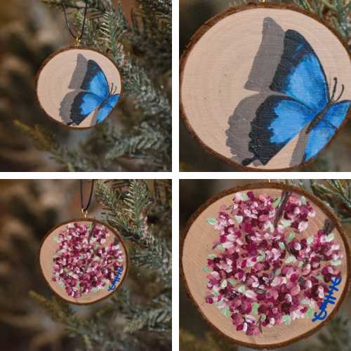 Ornament Ornament - Butterfly Wishes - 2 Sided Wooden Slice Hand Painted Artwork by Elizabeth