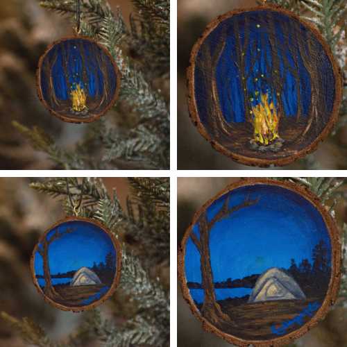 Ornament Ornament - Camping Under the Stars - 2 Sided Wooden Slice Hand Painted Artwork by Elizabeth