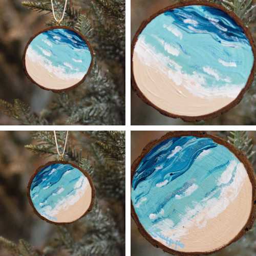 Ornament Ornament - Coastal Vacation - 2 Sided Wooden Slice Hand Painted Artwork by Elizabeth