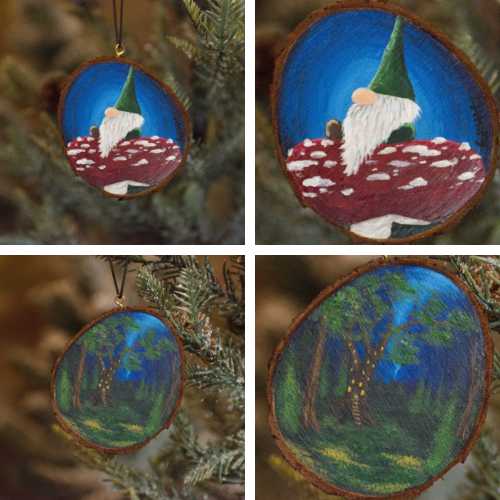 Ornament Ornament - Gnome Place Like Home - 2 Sided Wooden Slice Hand Painted Artwork by Elizabeth