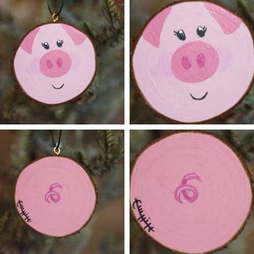 Ornament Ornament - Merry Pigmas - 2 Sided Wooden Slice Hand Painted Artwork by Elizabeth