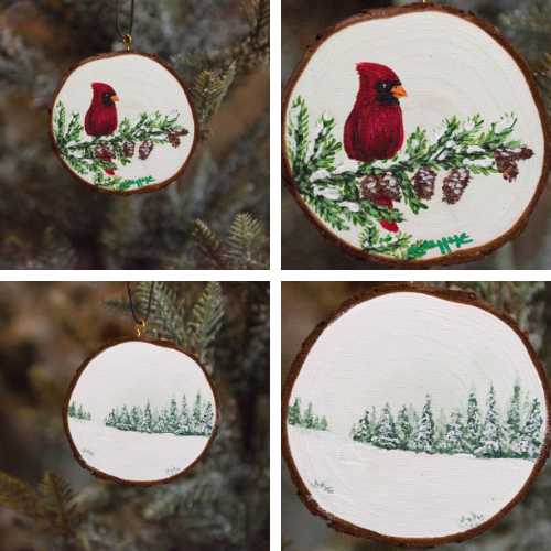 Ornament Ornament - Winter Cardinal - 2 Sided Wooden Slice Hand Painted Artwork by Elizabeth