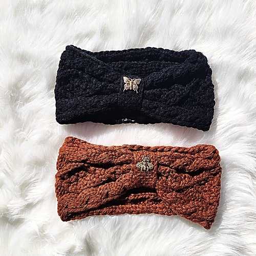 accessories Acrylic Knit Headband - 2 Colors - Black/Butterfly & Brown/Bee