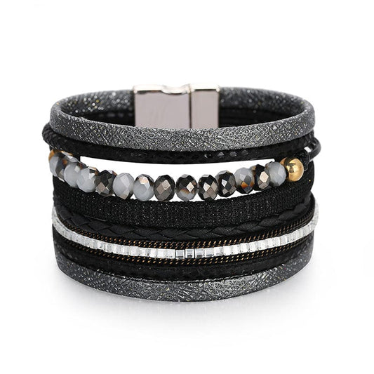 Bracelet Black Bracelet - Magnetic Multilayer Leather & Bead Bracelet - Black, Silver, or Coffee NI-NHBD1393190-black