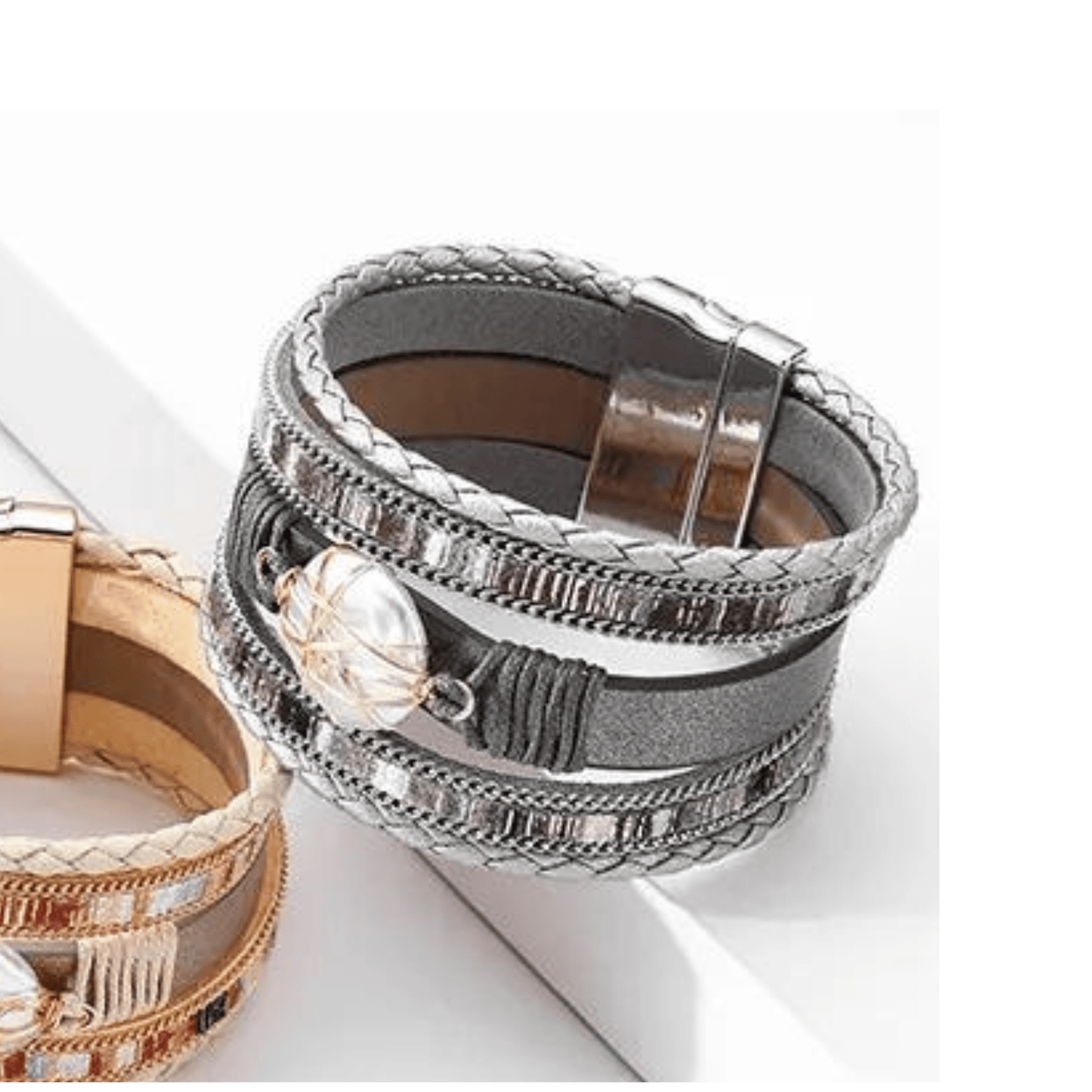 Bracelet Bracelet -  PU Leather Stone/Pearl Bracelet With Magnetic Closure - Grey NI-NHBD325928