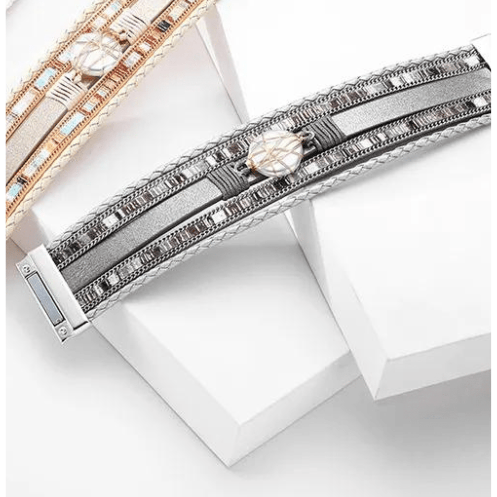 Bracelet Bracelet -  PU Leather Stone/Pearl Bracelet With Magnetic Closure - Grey NI-NHBD325928