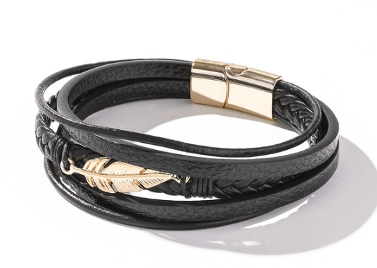 Bracelet Gold Feather Bracelet - Bohemian Magnetic Multi-Strand PU Leather Bracelet - Gold Feather/Silver Cross NI-NHAKJ464685