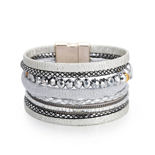 Bracelet Silver Bracelet - Magnetic Multilayer Leather & Bead Bracelet - Black, Silver, or Coffee NI-NHBD1393191-Silver