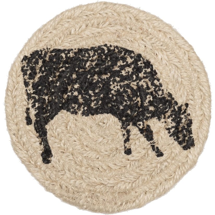 Coasters Table Coaster - Sawyer Mill Charcoal Cow - Jute - Set of 6 VHC-45804-CSTRCOW