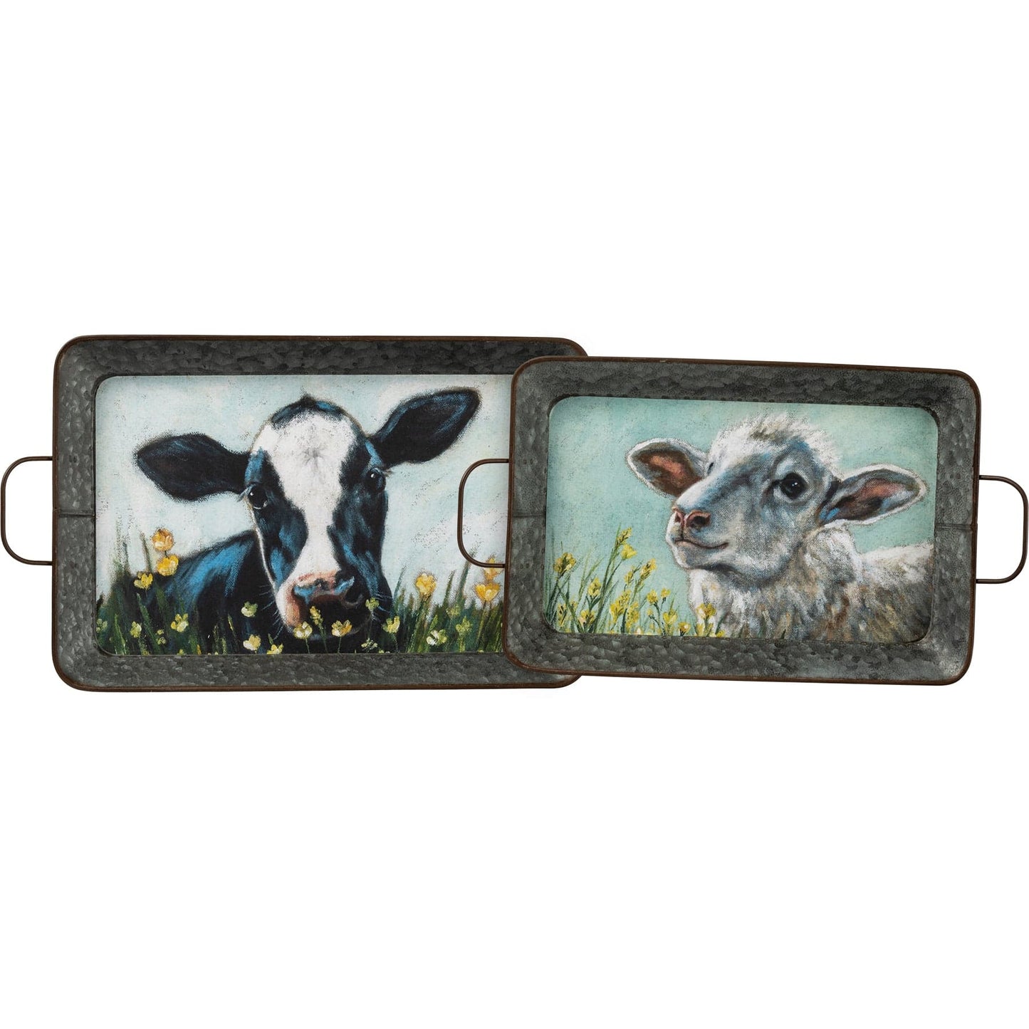 Decor 2 Pc. Set Spring Collection Galvanize Metal Trays - Sheep and Cow - 19" x 12.5" x 2" & 16.5" x 11" x 2" PBK-105443