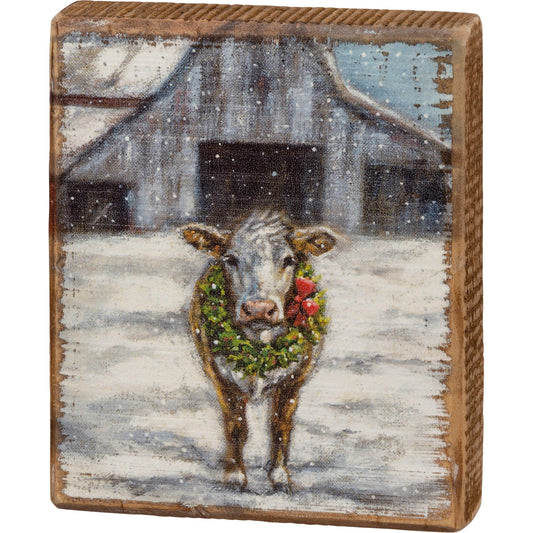 Decor Block Sign - Cow With Wreath PBK - 106930