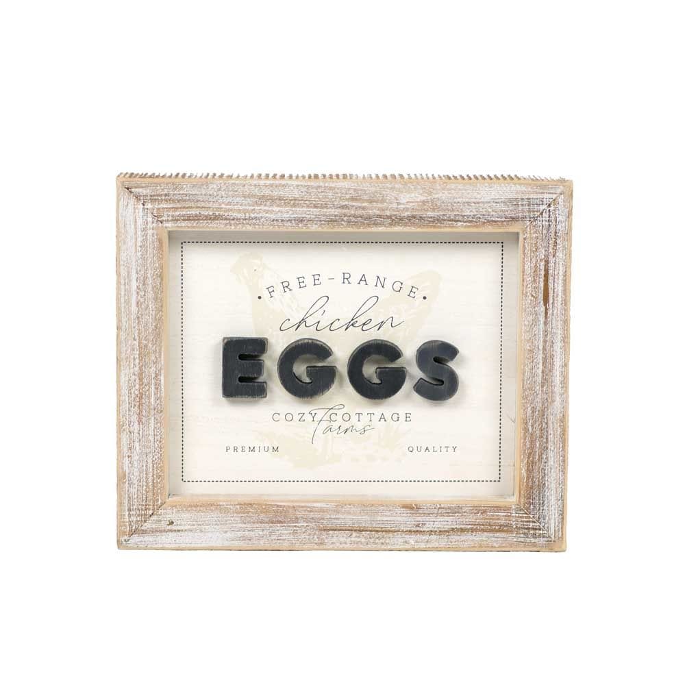 Decor Chicken/Eggs Two-Sided Wood Framed Decor (Free Range Chicken Eggs Cozy...), 12" x 10" x 2"  White/Gray/Tan AC-15655