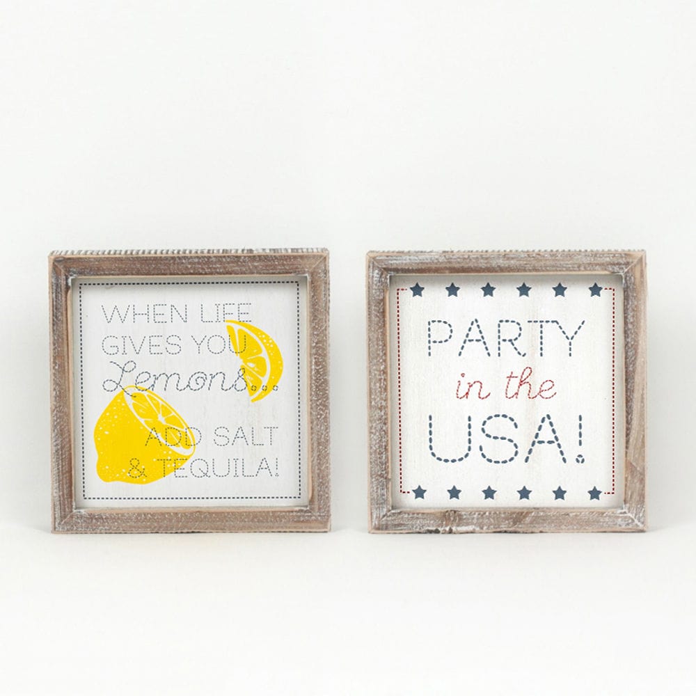 Decor Lemons & Tequila/Party in the USA Two-Sided Wood Framed Decor (When life gives you lemons.../Party in the USA), 7" x 7" x 1.5"  Yellow/Red/White/Blue AC-45112