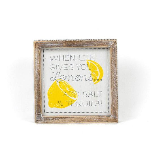 Decor Lemons & Tequila/Party in the USA Two-Sided Wood Framed Decor (When life gives you lemons.../Party in the USA), 7" x 7" x 1.5"  Yellow/Red/White/Blue AC-45112