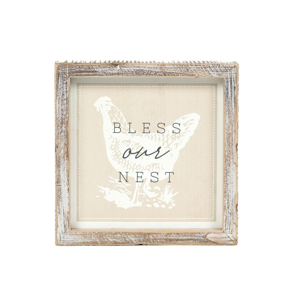 Decor Nest/Roost Two-Sided Wood Framed Decor (Bless Our Nest/My Roost My Rules), 7" x 7" x 1.5"  White/Gray/Tan AC-15658