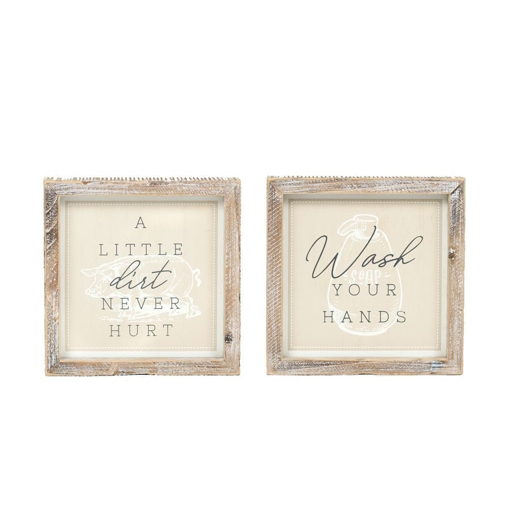 Decor Wash Hands/Dirt Never Hurt Two-Sided Wood Framed Decor (A Little Dirt Never../Wash Your Hands...), 7" x 7" x 1.5"  White/Gray/Tan AC-15659