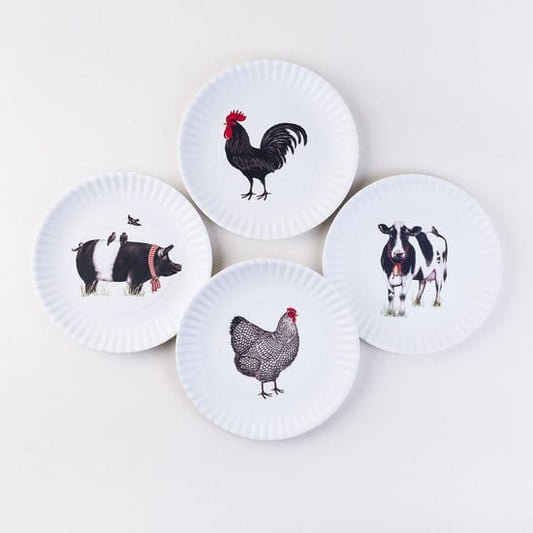Decorative Plates Farmhouse (Cow Pig Rooster Hen) Plates - Melamine 9-inch "Paper" Plate Set - 4 Pc. Set - Washable 180-ME0252