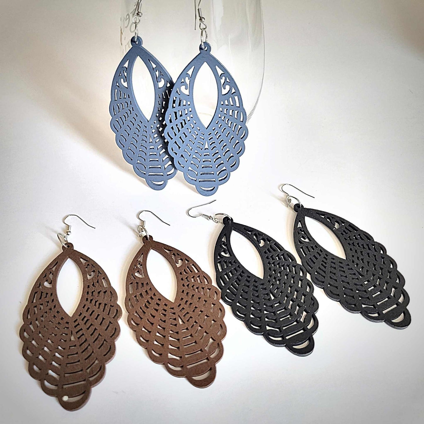 Earrings Earrings - Carved Wood Hook Earrings - Blue, Black, and Brown